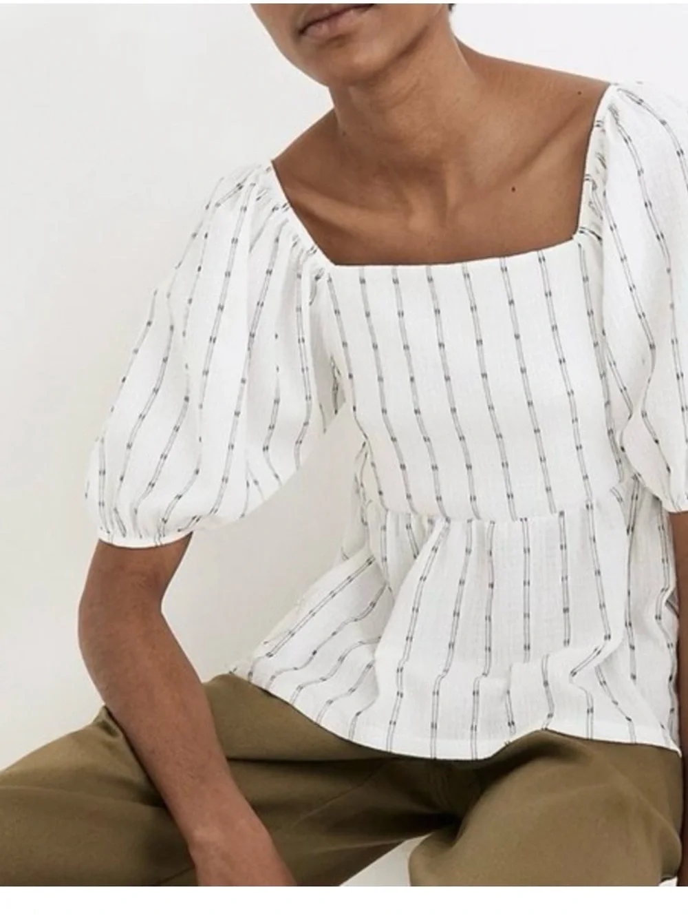 Madewell 2X Striped Puff Sleeve Peplum Empire Top Ivory and Black